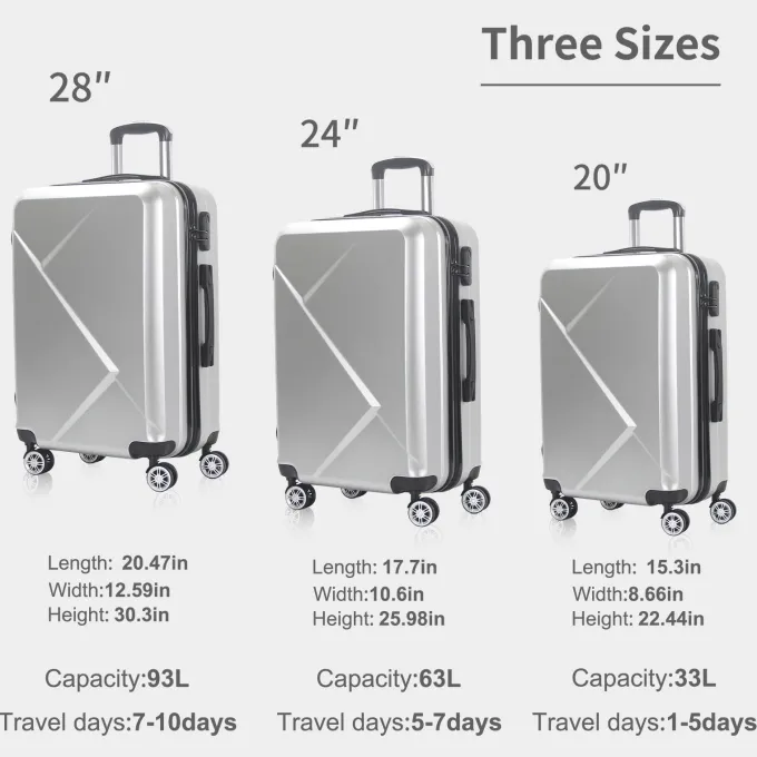 Silk & Salt AEDILYS 3 Pcs Hardside LuggaSets with TSA Locks and Durable Spinner Wheels Suitcase(20/24/28) Silver^ Luggage Sets
