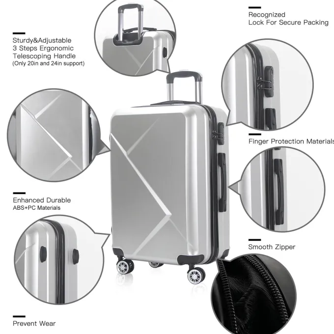 Silk & Salt AEDILYS 3 Pcs Hardside LuggaSets with TSA Locks and Durable Spinner Wheels Suitcase(20/24/28) Silver^ Luggage Sets