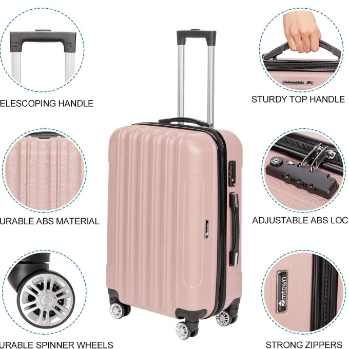 Silk & Salt Zimtown 3 Piece TSA Lock LuggaTravel Set Bags Trolley Hard Suitcase Shell w/ 4 Wheels Rose Gold^ Checked Luggage