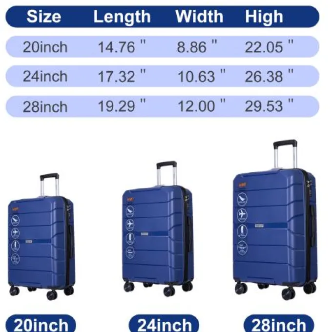 Silk & Salt UBesGoo 20''/24''/28'' 3 Piece Set Luggage PP Hardshell Suitcase Lightweight TSA Lock with Spinner Wheels Navy Blue^ Checked Luggage