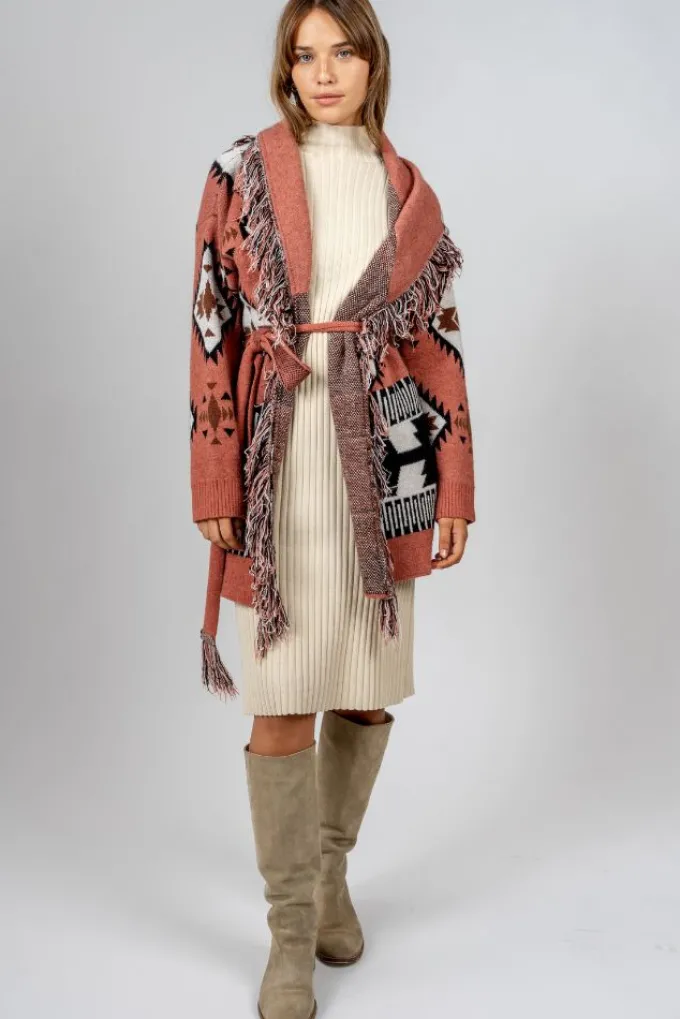 Silk & Salt oversized belted jacquard cardigan - rust pink^ Coats & Jackets