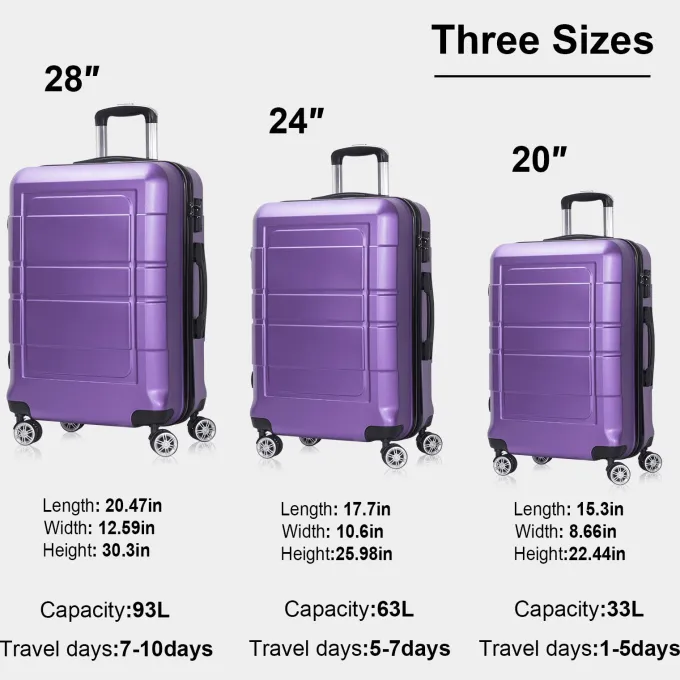 Silk & Salt AEDILYS 3 Pcs Hardside LuggaSets with TSA Locks and Durable Spinner Wheels Suitcase(20/24/28) Purple^ Luggage Sets