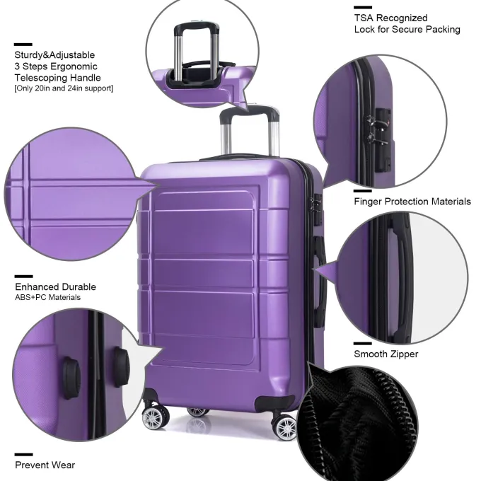 Silk & Salt AEDILYS 3 Pcs Hardside LuggaSets with TSA Locks and Durable Spinner Wheels Suitcase(20/24/28) Purple^ Luggage Sets