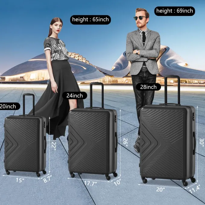 Silk & Salt 3 Piece Black LuggaTravel Set 20 24 28 Carry on Luggawith Spinner Wheels Lightweight Hard Case LuggaTravel Suitcase Christmas Gifts for Business Trip Holiday Travel Cruise^ Luggage Sets