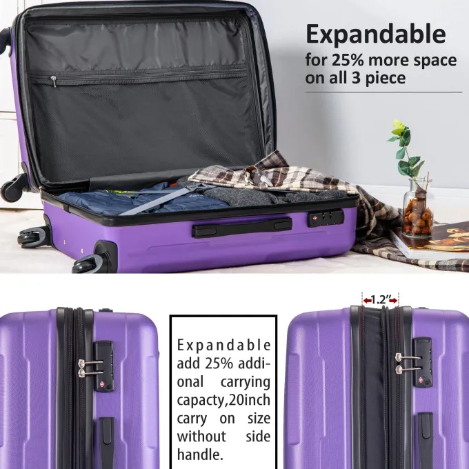 Silk & Salt Anysun 3 Piece Hardside Lightweight Expandable LuggaSet (20/24/28) (Purple)^ Luggage Sets