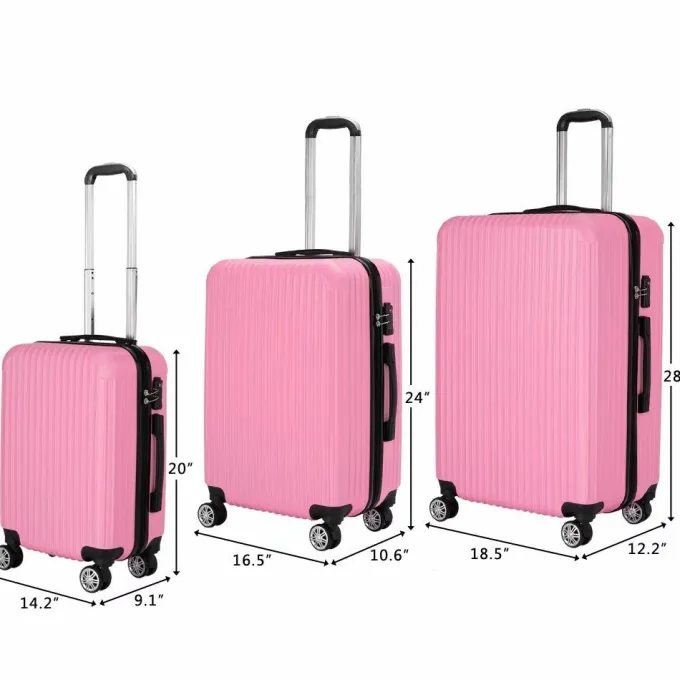 Silk & Salt VIK TECH 3PCS LuggaTravel Set Bags ABS Trolley Hard Shell Suitcase W/TSA lock With 4 Wheels Pink^ Hard Side Luggage