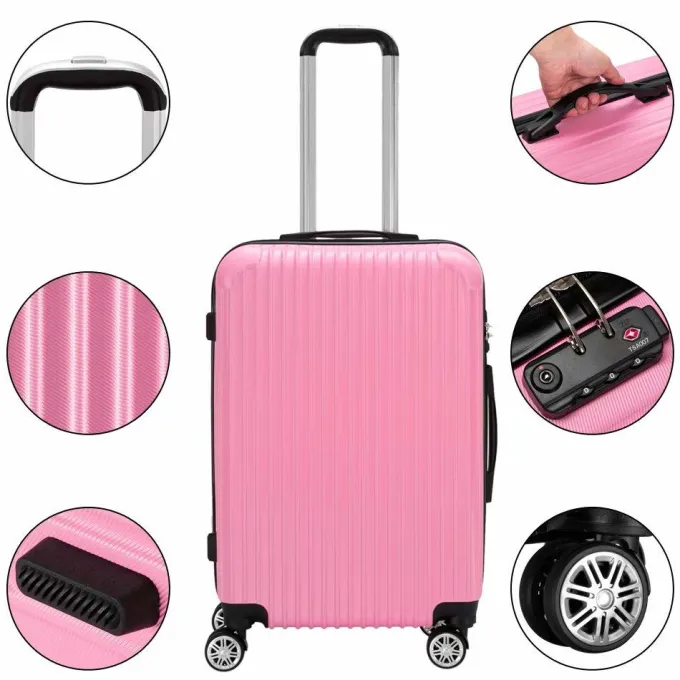 Silk & Salt VIK TECH 3PCS LuggaTravel Set Bags ABS Trolley Hard Shell Suitcase W/TSA lock With 4 Wheels Pink^ Hard Side Luggage