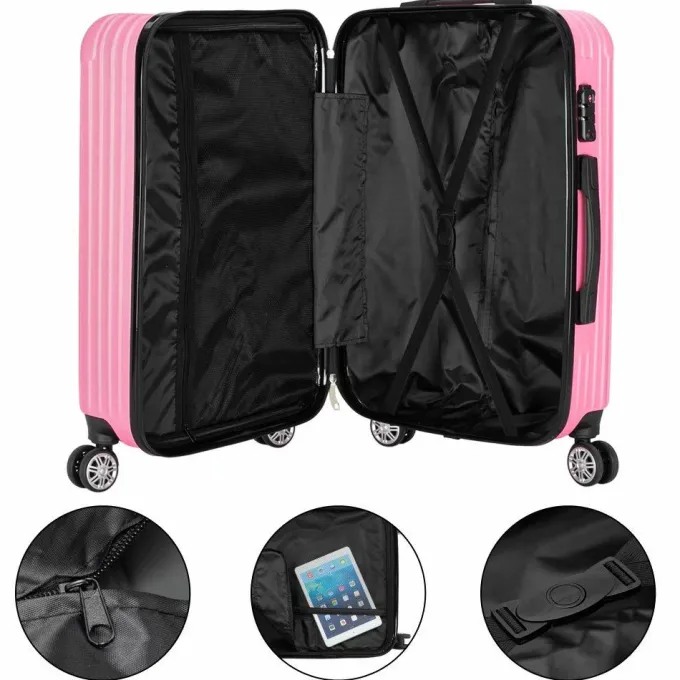 Silk & Salt VIK TECH 3PCS LuggaTravel Set Bags ABS Trolley Hard Shell Suitcase W/TSA lock With 4 Wheels Pink^ Hard Side Luggage