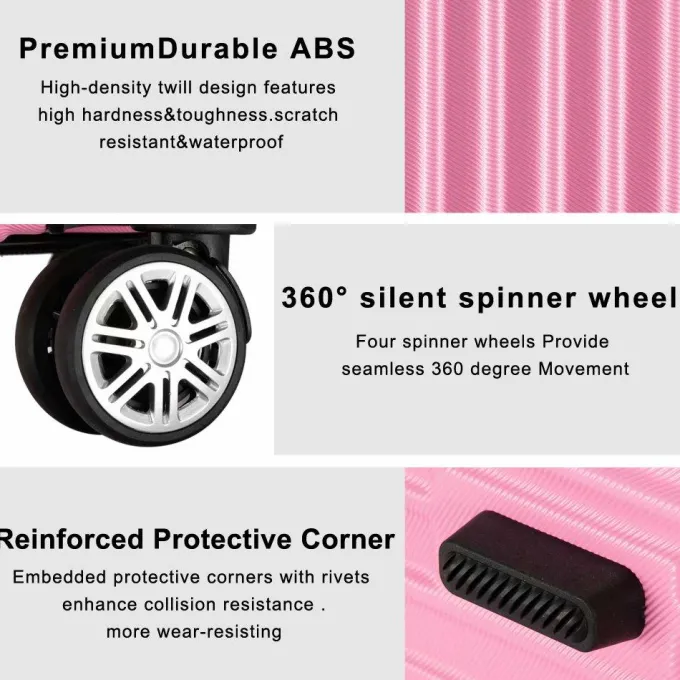 Silk & Salt VIK TECH 3PCS LuggaTravel Set Bags ABS Trolley Hard Shell Suitcase W/TSA lock With 4 Wheels Pink^ Hard Side Luggage
