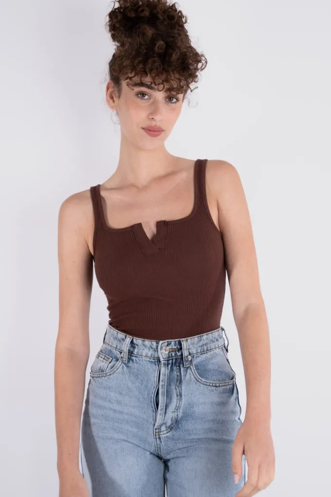 Silk & Salt notch neck top - brown^ Tops
