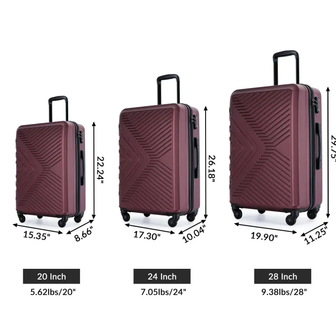 Silk & Salt uhomepro Lightweight Spinner 3 Piece LuggaSet with TSA Lock ABS Trolley Carry On Suitcase Bag 20 24 28 with Spinner Wheels Red^ Carry On Luggage