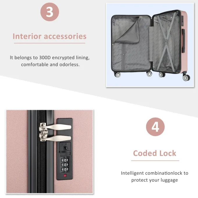 Silk & Salt 3 Piece Sets ABS LuggaSets Spinner Suitcase 20 inch 24 inch 28 inchSoft Rosegold^ Checked Luggage