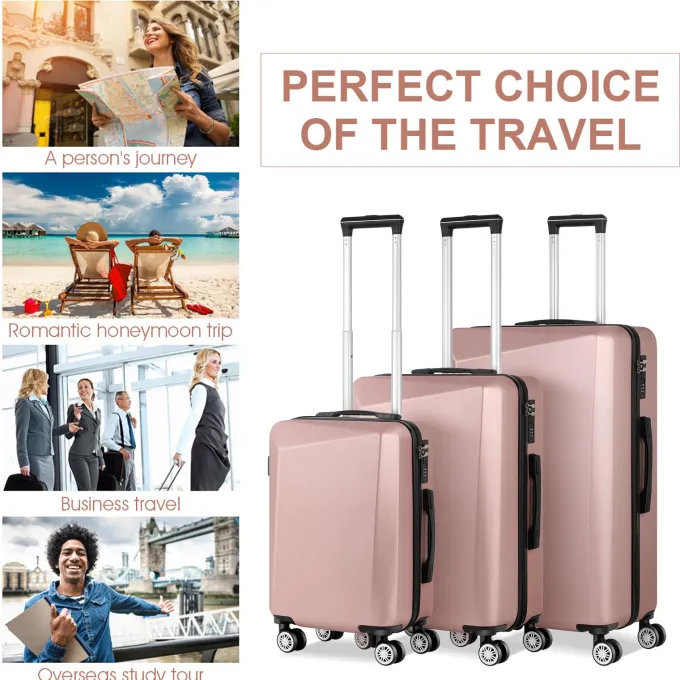 Silk & Salt 3 Piece Sets ABS LuggaSets Spinner Suitcase 20 inch 24 inch 28 inchSoft Rosegold^ Checked Luggage