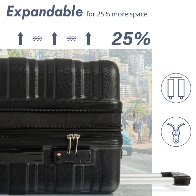 Silk & Salt 3 Piece LuggaSet Expandable ABS Hardside Hardside Lightweight Durable Spinner Wheels Suitcase with TSA Lock (Black)^ Luggage Sets