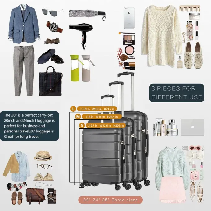 Silk & Salt 3-Piece LuggaSet for Back to School 20in 24in 28in 3-in-1 Lightweight Trolley Case Set with Spinner Wheels and Telescoping Handle Outdoor PC+ABS Hardside Carry on LuggaSet S9356^ Hard Side Luggage