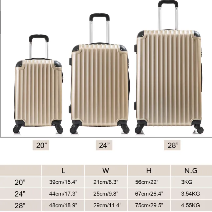 Silk & Salt 3 Piece LuggaSet Hardside Suitcase with Spinner Wheel ABS Travel Luggawith Coded Lock Case's for Travel 20 24 28 Champagne^ Checked Luggage