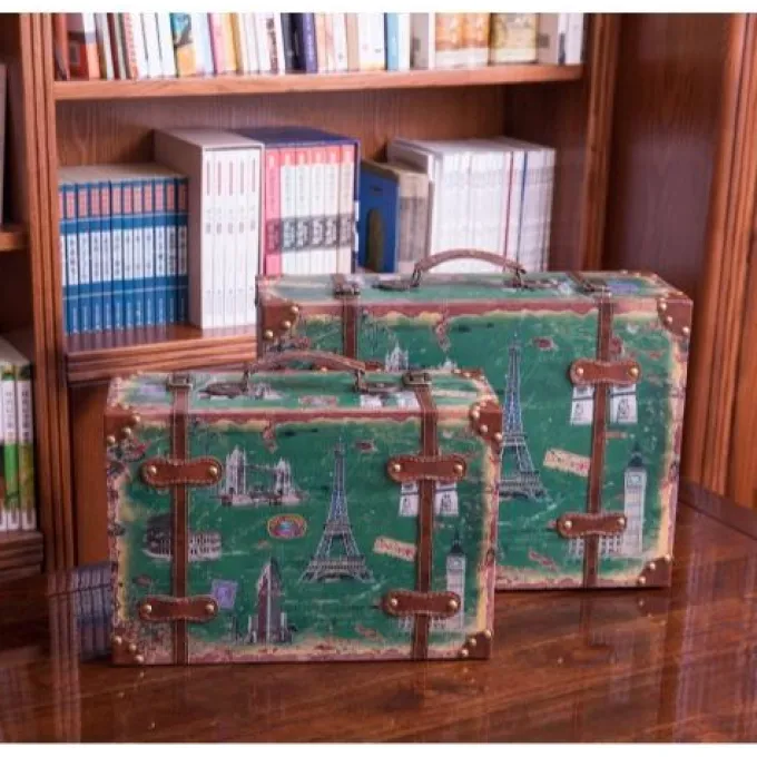 Silk & Salt Set of 2 European Landmarks Wooden Luggawith Leather Straps and Handle^ Checked Luggage