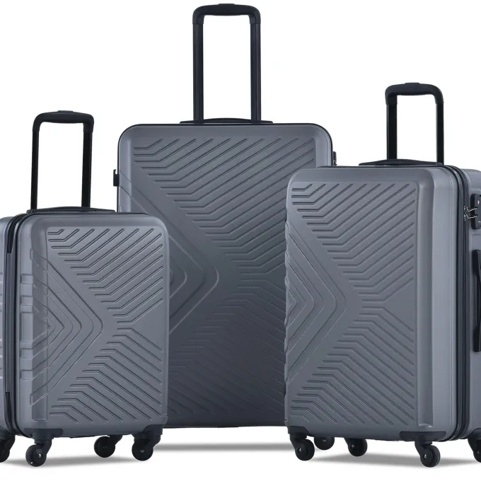 Silk & Salt uhomepro Gray 3 Pieces Travel LuggaSet TSA Lock ABS Trolley Carry On Suitcase Bag 20 24 28 with Spinner Wheels^ Luggage Sets