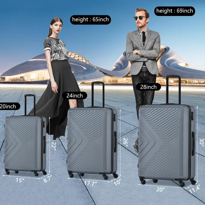 Silk & Salt uhomepro Gray 3 Pieces Travel LuggaSet TSA Lock ABS Trolley Carry On Suitcase Bag 20 24 28 with Spinner Wheels^ Luggage Sets