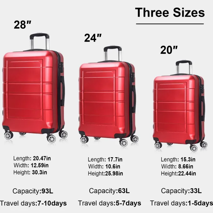 Silk & Salt Traveling Luggage 3pcs Hardside LuggaSet 20+24+28 with TSA Lock Red^ Checked Luggage