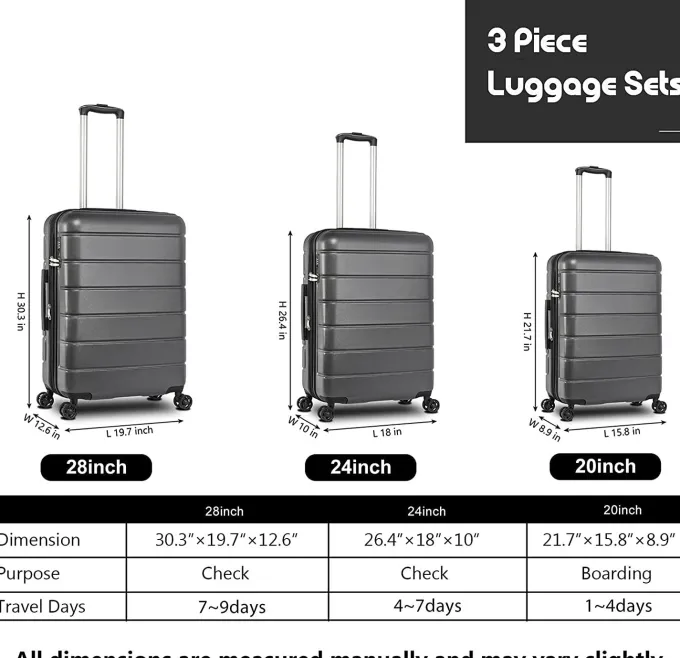 Silk & Salt Carry on LuggaSet 3pcs 20''/24''/28'' Fashion Lightweight Suitcase Travel Sets for Women 3-in-1 Portable Trolley Case with Telescoping Handle Outdoor Hardside LuggaSet S9351^ Luggage Sets